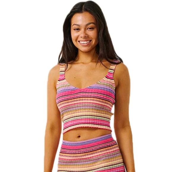 Ripcurl Palapa V Neck Ribbed Striped Camisole Cropped Tank top size M - Picture 1 of 7